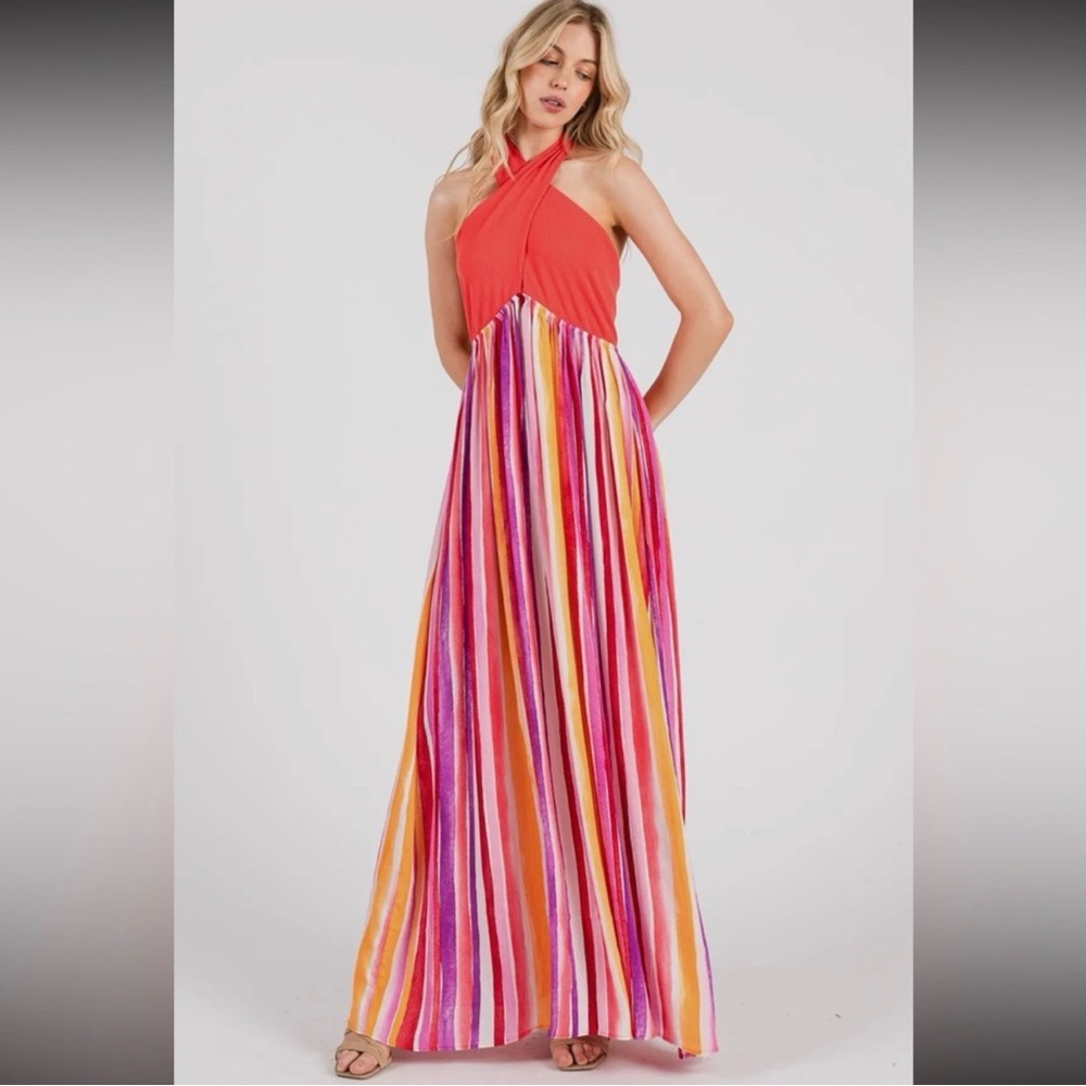 Ces Femme Vibrant Striped Backless Dress